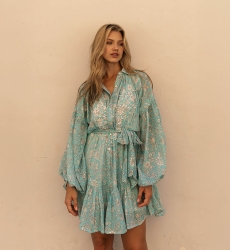 Robe courte Pia - couleur bleu - manches longues - ornée de broderies et sequins - Miss June Paris - 4