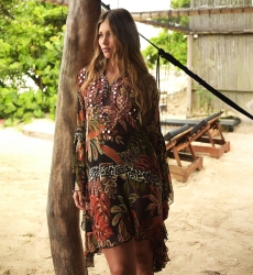 Ximena short caftan - black - vegetable print - bib adorned with sparkling mirrors - Miss June Paris - 4