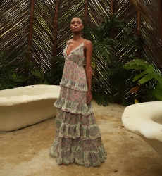 Pamela long dress - pastel pink - green and purple prints - V neckline - sparkling details - Miss June Paris - 3