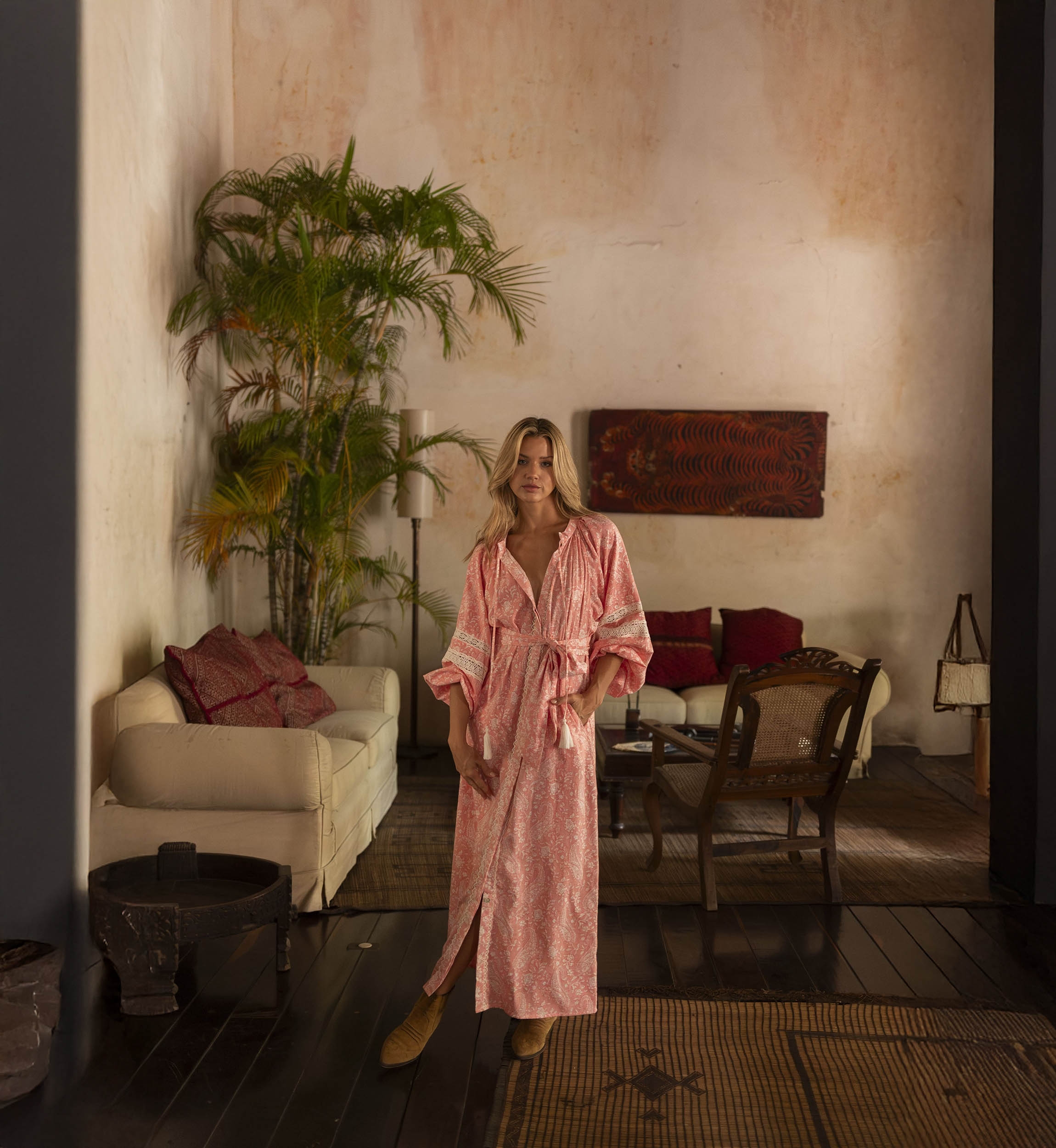 Rita long dress - peach color - sophisticated details - paisley print - Miss June Paris - 2