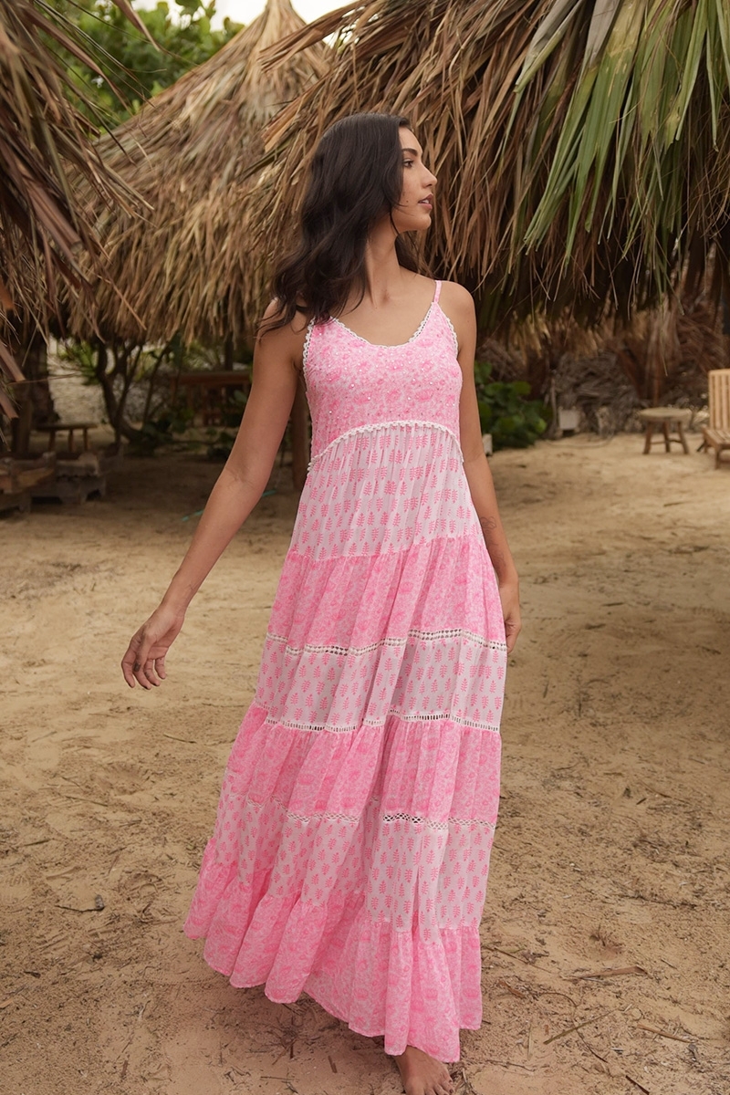 Robe longue Dayana - florale et ajustable - blanche / rose neon - Miss June Paris - 4