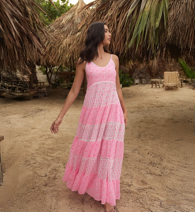 Robe longue Dayana - florale et ajustable - blanche / rose neon - Miss June Paris - 4