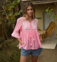 Blusa Sieralia - rosa neón - adornada con lentejuelas y encaje - pechera de lentejuelas - manga larga - Miss June Paris - 4