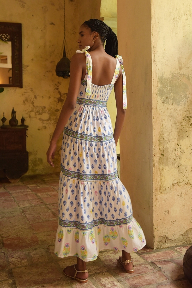 Paulina long dress - white - blue, yellow and pink prints - adjustable straps - Miss June Paris - 4
