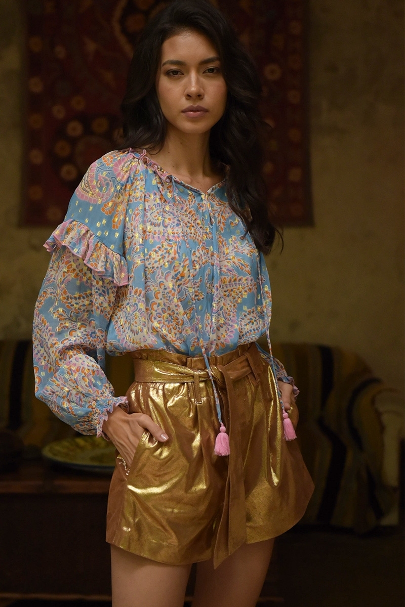 Blouse Renata - blouse bleue légère - imprimé cachemire rose et doré - manches longues - Miss June Paris - 4