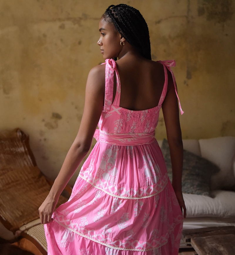 Amalia long dress - adjustable length - neon pink - bohemian print - scoop neck - Miss June Paris - 4