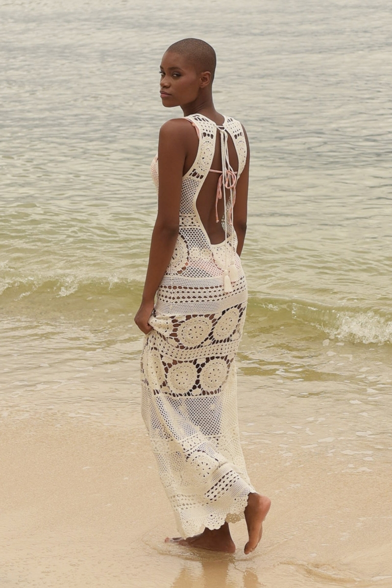 Angel Long Dress - White - Crochet - Short Sleeves - Open Back - Bohemian - Miss June Paris - 4