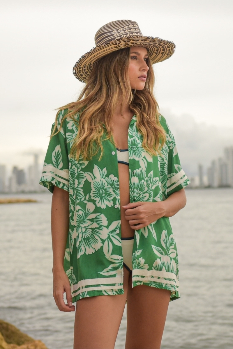 Chemise Manches Courtes Santa Marta - verte - imprimé fleuri blanc - collection Shay - Miss June paris - 5