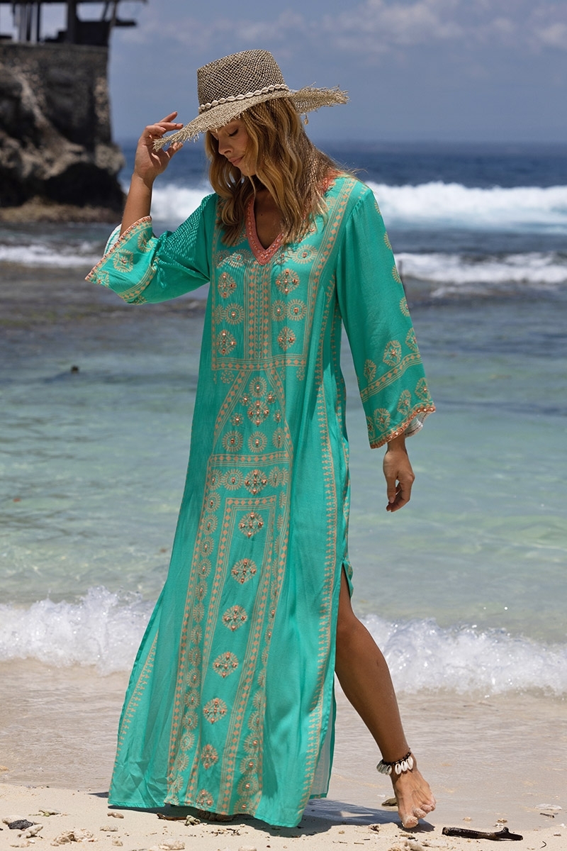 Lizzy long dress - turquoise - gold patterns - Miss June Paris - 2