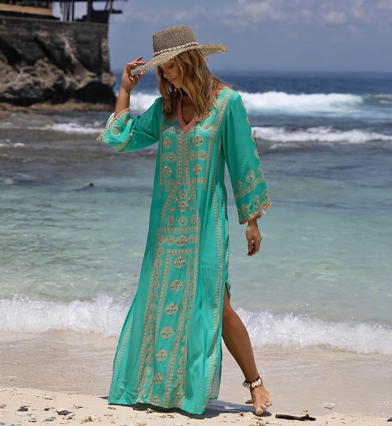 Robe longue Lizzy - turquoise - motifs dorés - Miss June Paris - 2