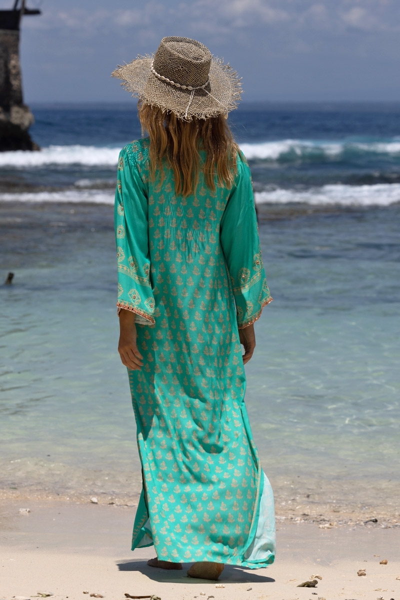 Lizzy long dress - turquoise - gold patterns - Miss June Paris - 3