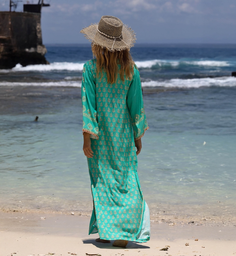 Lizzy long dress - turquoise - gold patterns - Miss June Paris - 3