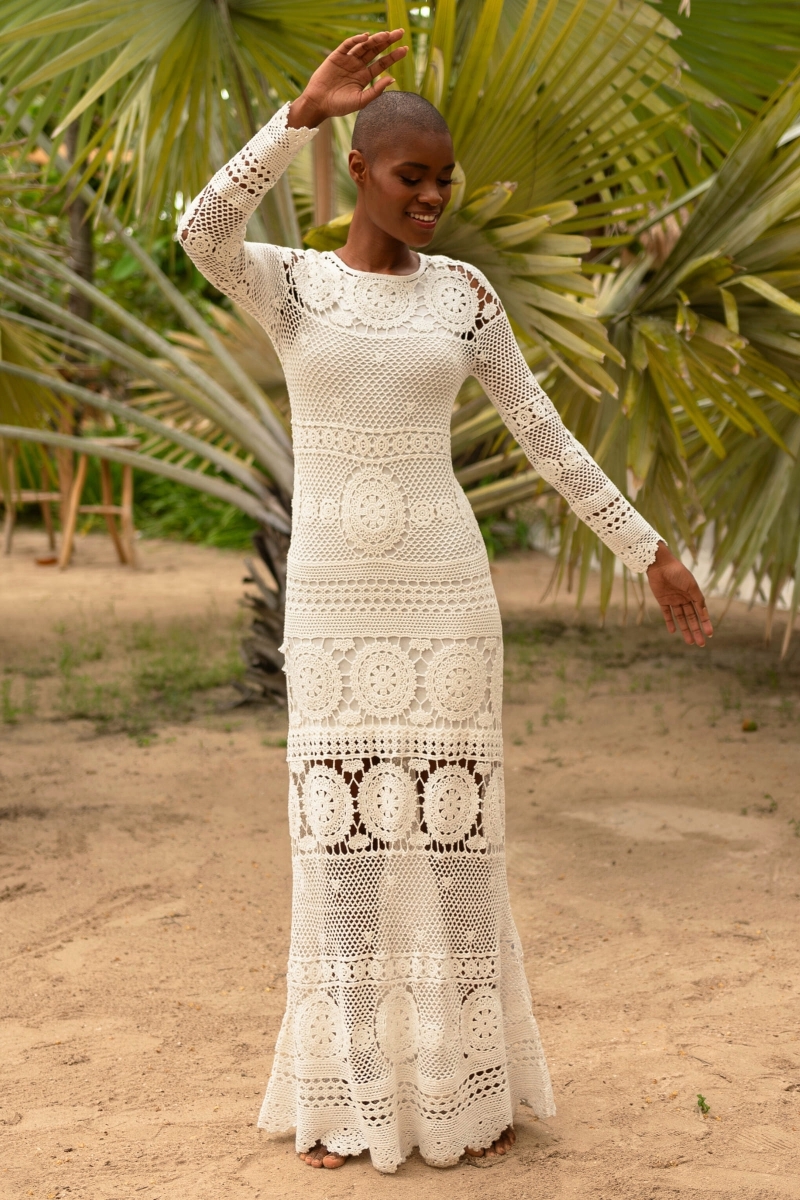 Birkin Long Dress - white- Crochet - Long Sleeves - Bohemian - Miss June Paris - 1