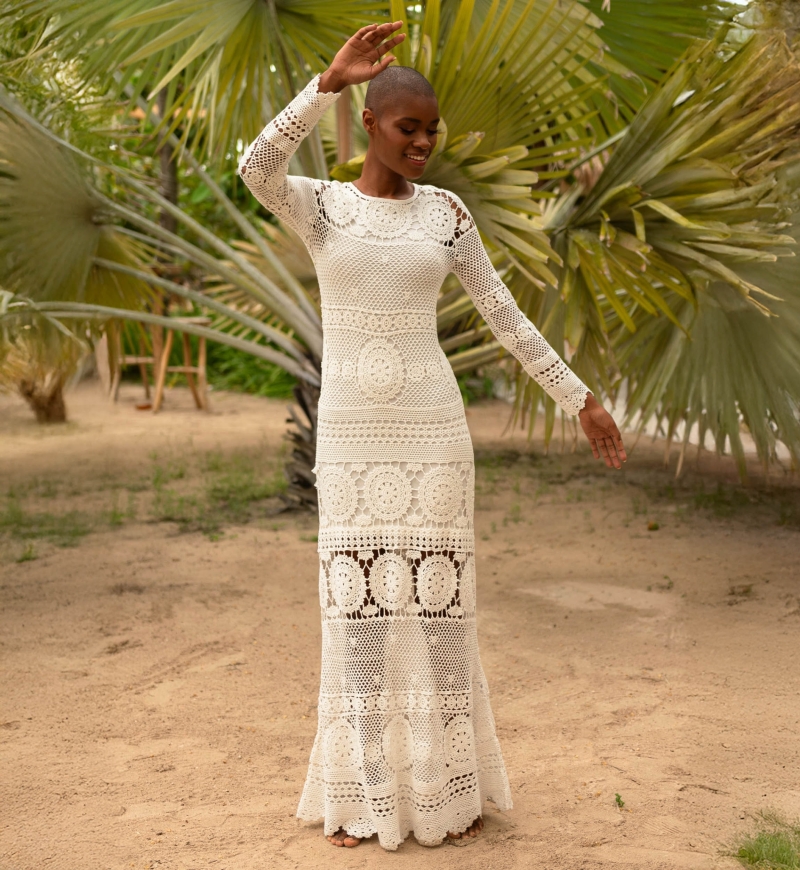 Vestido Largo Birkin - blanco - en crochet - Mangas Largas - Bohemio - Miss June Paris - 1