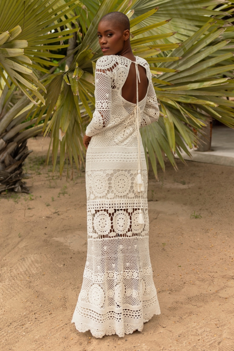 robe longue BIRKIN - blanche - en crochet - manche longue - boheme - Miss June Paris - 2