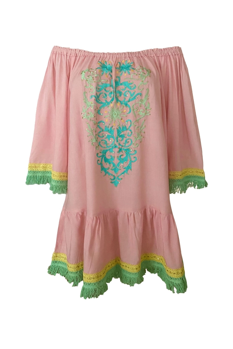 Robe Courte Azra : rose - plastron brodé - épaules dénudées - 100% Modal - franges en coton - Miss June Paris - 6