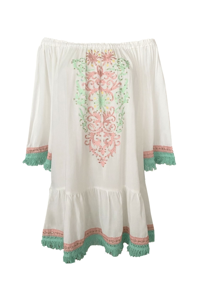 Vestido Corto Azra: blanco - pechera bordada - hombros descubiertos - 100% Modal - flecos de algodón - Miss June Paris - 6