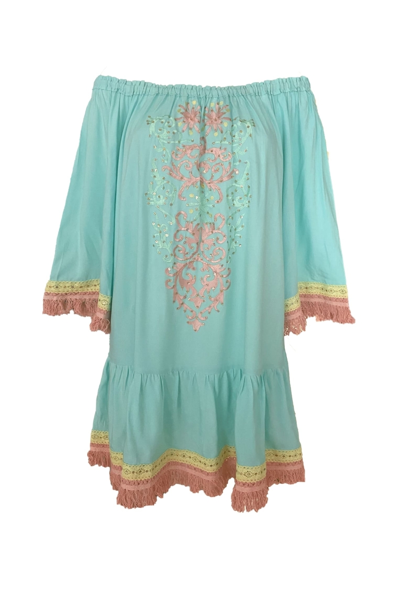 Robe Courte Azra : aqua - plastron brodé - épaules dénudées - 100% Modal - franges en coton - Miss June Paris - 6