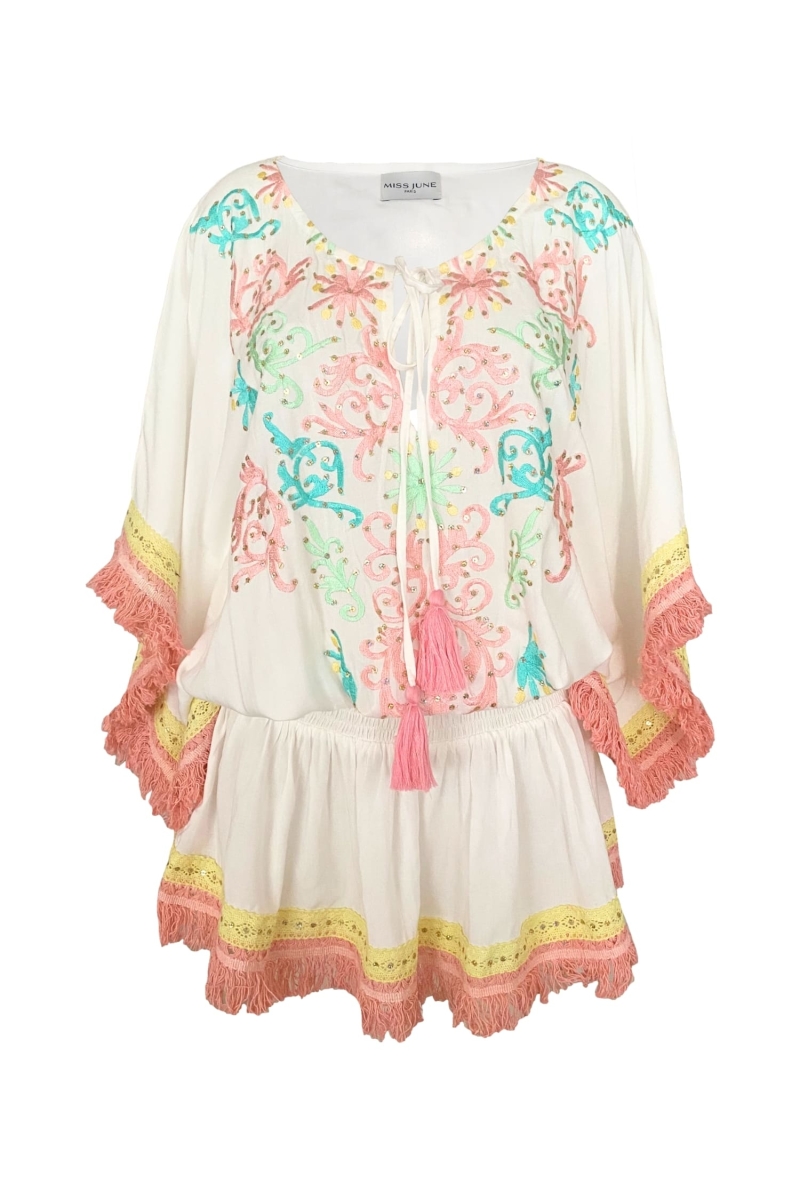 Robe Courte Sejla: blanche - plastron brodé - 100% Modal - franges en coton - touche bohème  - Miss June Paris - 6