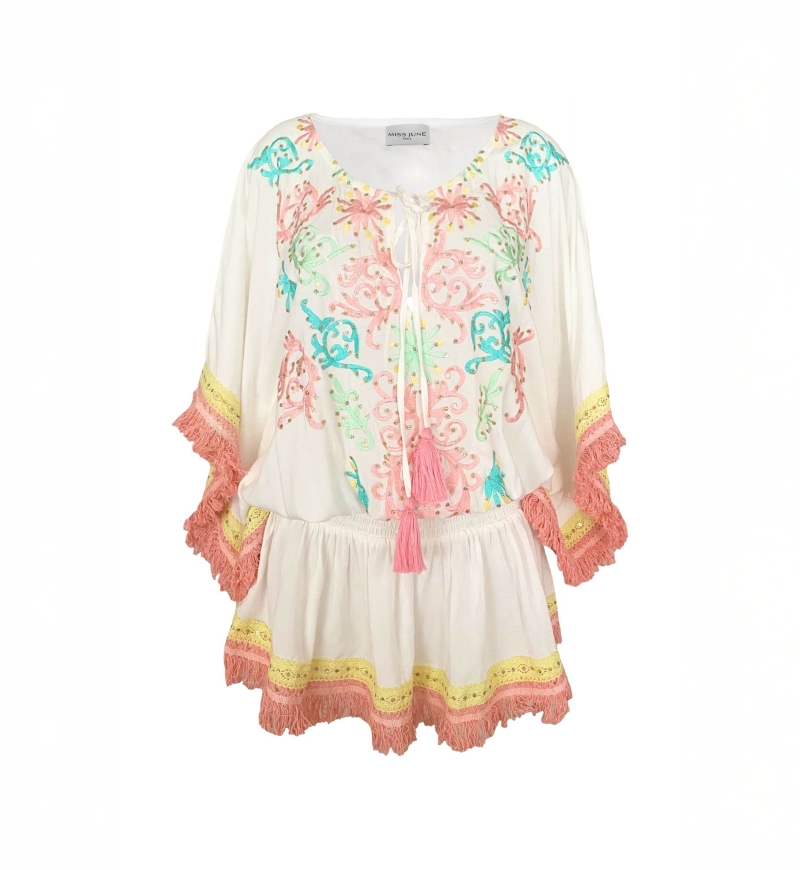 Sejla Short Dress: white - embroidered bib - 100% Modal - cotton fringes - bohemian touch - Miss June Paris - 6