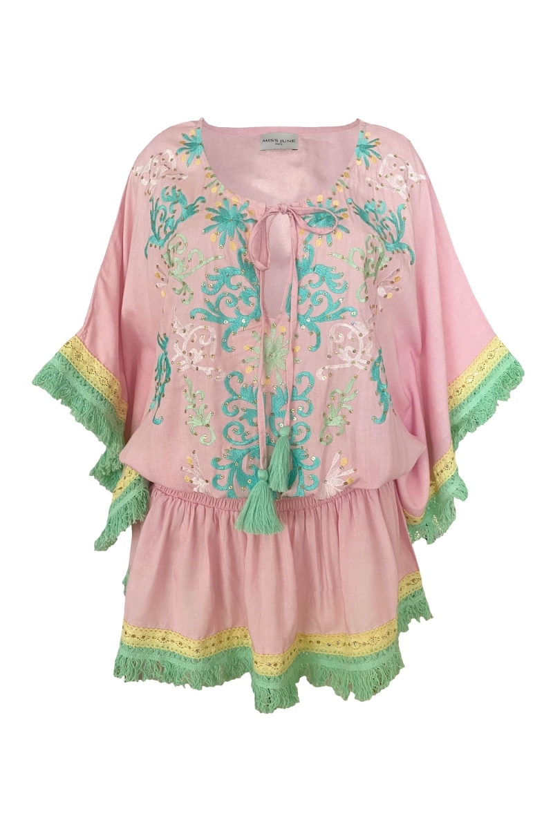Robe Courte Sejla: rose - plastron brodé - 100% Modal - franges en coton - touche bohème  - Miss June Paris - 6