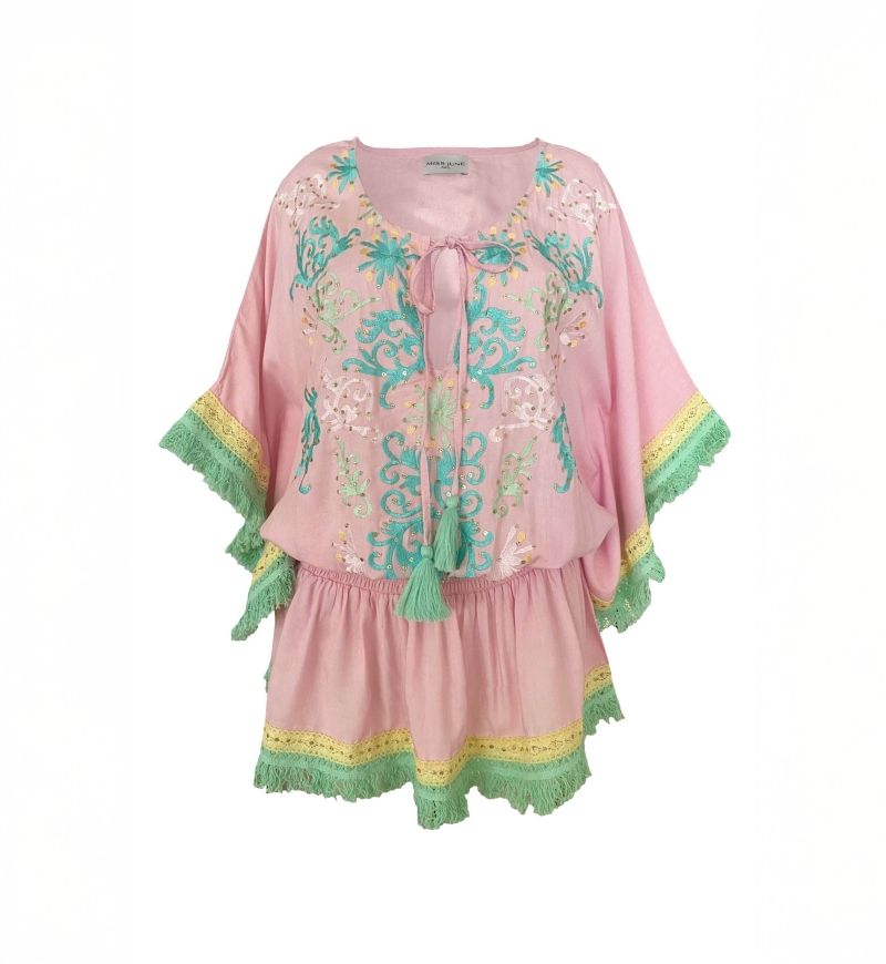 Vestido Corto Sejla: rosado - pechera bordada - 100% Modal - flecos de algodón - toque bohemio - Miss June Paris - 6