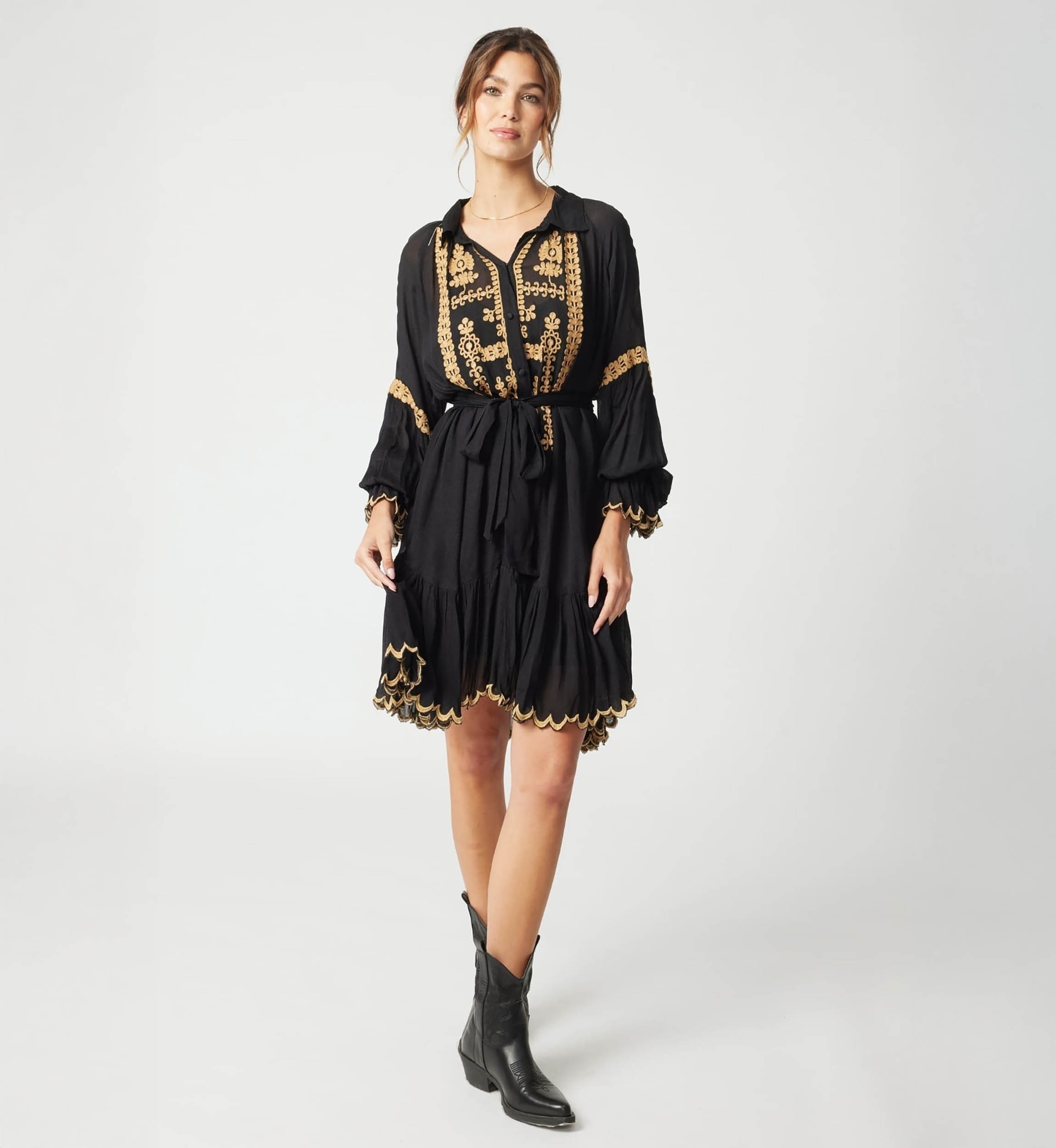 Eleonora short dress - black - gold embroidery - long sleeves - Miss June Paris - 3