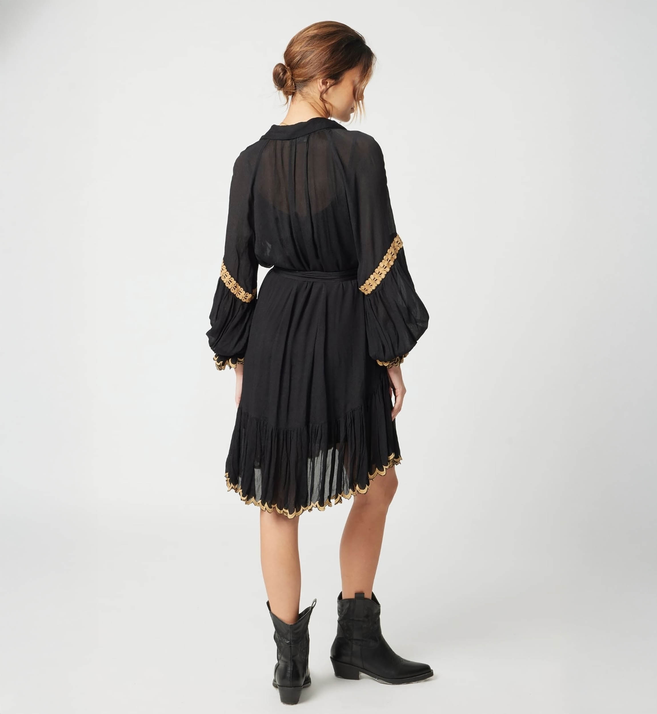 Eleonora short dress - black - gold embroidery - long sleeves - Miss June Paris - 4