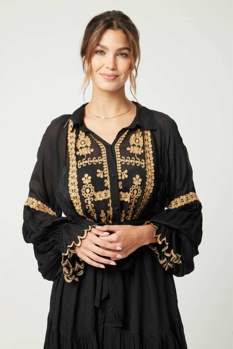 Eleonora short dress - black - gold embroidery - long sleeves - Miss June Paris - 5