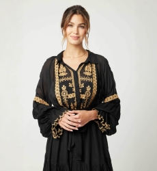 Eleonora short dress - black - gold embroidery - long sleeves - Miss June Paris - 5
