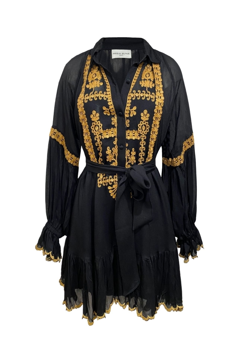 Robe courte Eleonora - couleur noire - broderie dorée - manche longue - Miss June Paris - 6