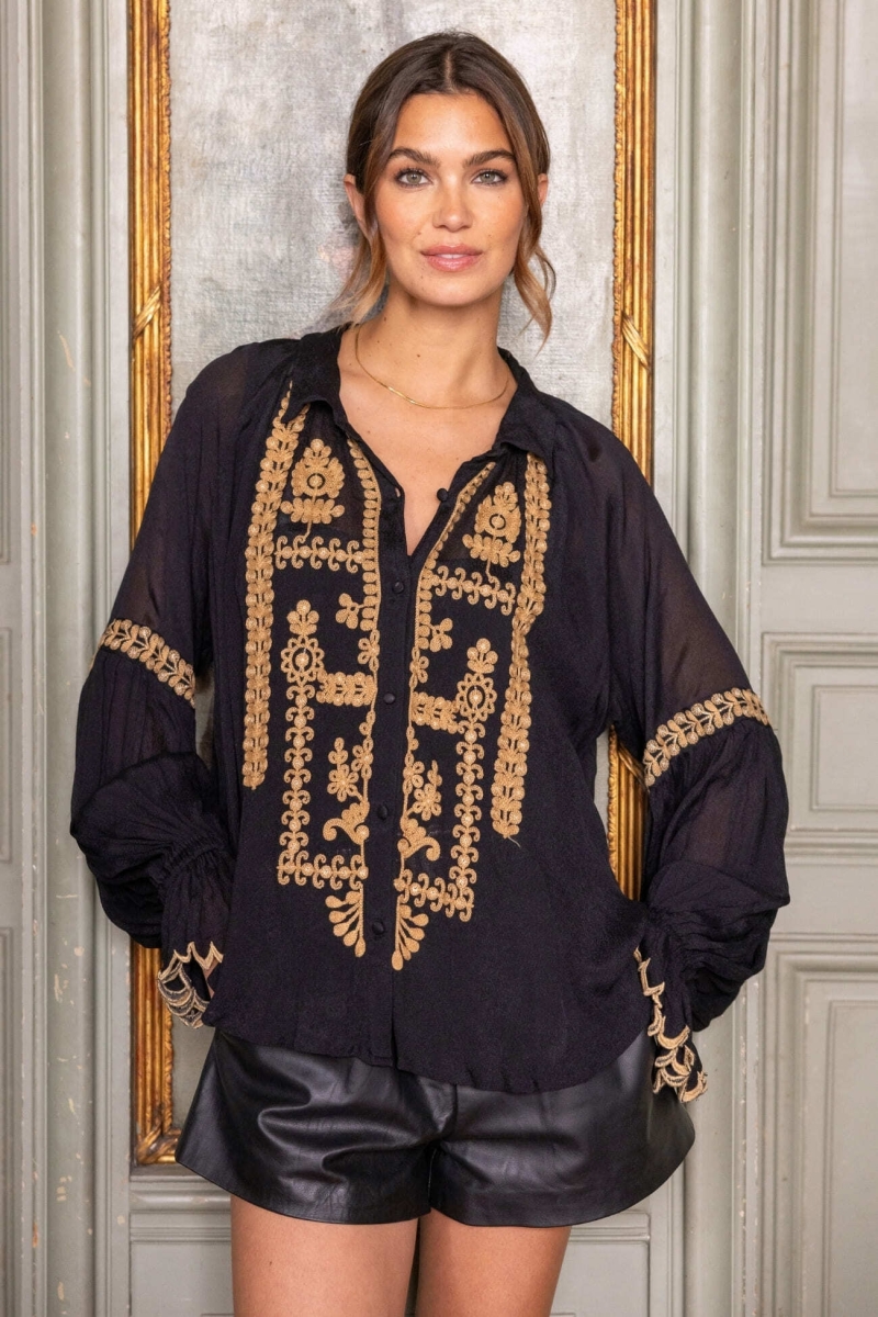 Camisa mujer Anya - negra - detalles bordados - manga larga - look bohemio chic - Miss June Paris - 2