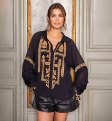 Anya women's shirt - black - embroidered details - long sleeve - bohemian chic look - Miss June Paris - 2