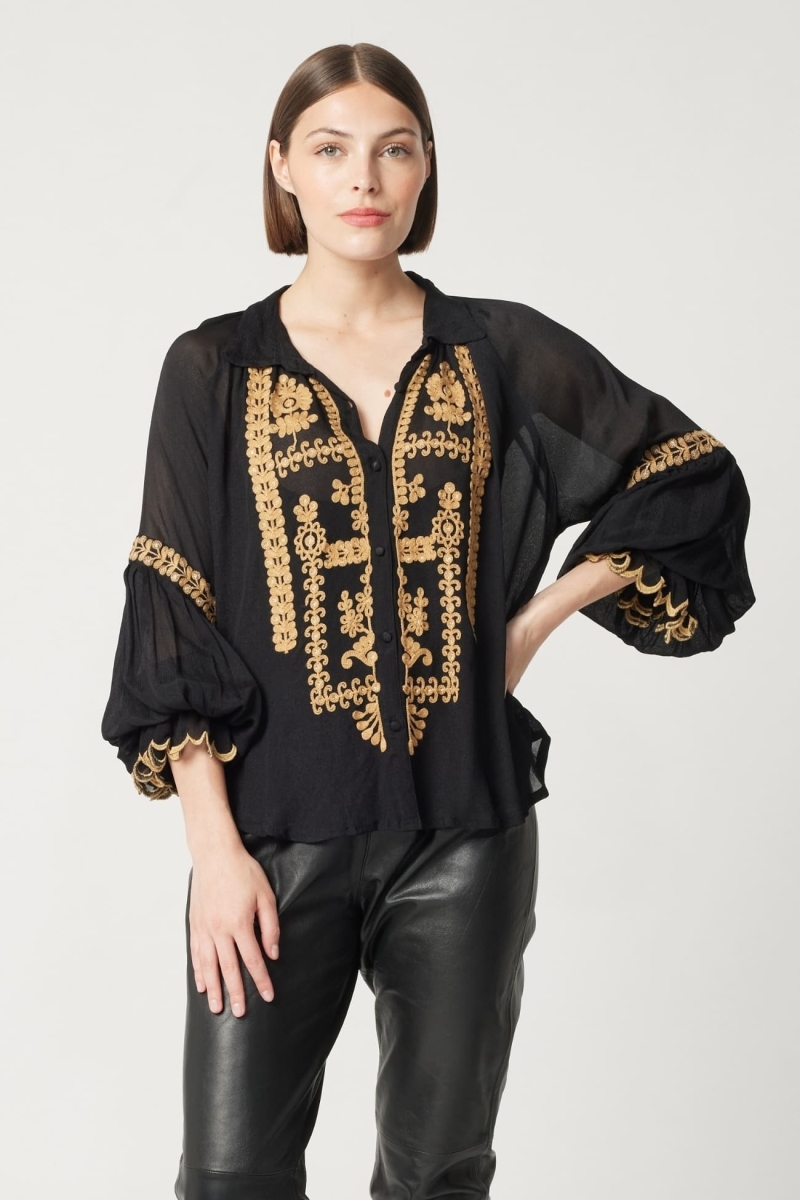 Camisa mujer Anya - negra - detalles bordados - manga larga - look bohemio chic - Miss June Paris - 3