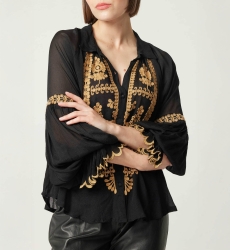 Camisa mujer Anya - negra - detalles bordados - manga larga - look bohemio chic - Miss June Paris - 1