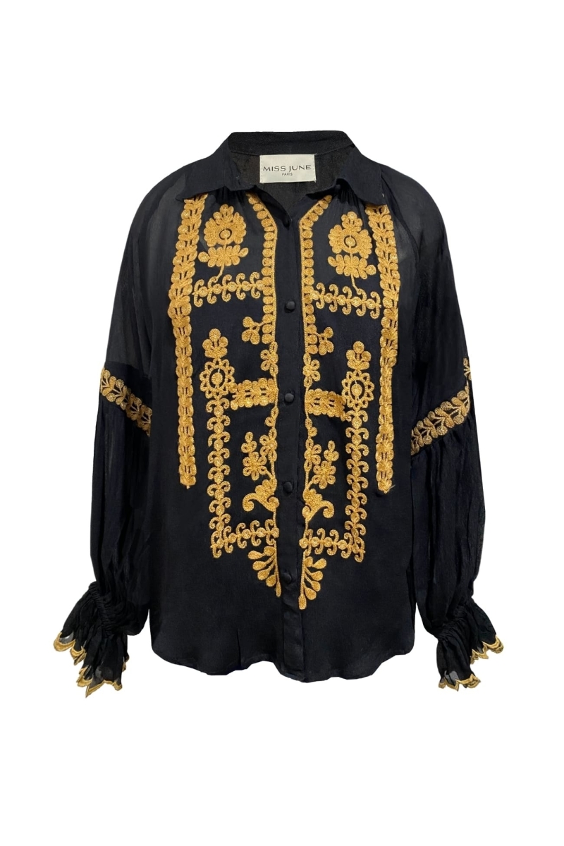 Anya women's shirt - black - embroidered details - long sleeve - bohemian chic look - Miss June Paris - 5