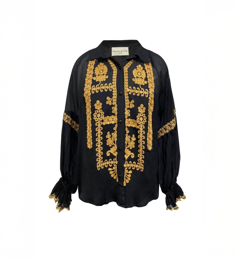 Camisa mujer Anya - negra - detalles bordados - manga larga - look bohemio chic - Miss June Paris - 5