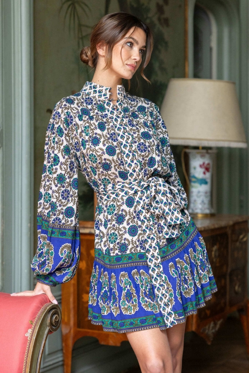 Charlotte short dress - green and beige motifs - Miss June Paris - 1