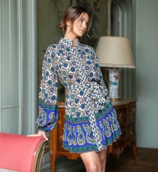 Charlotte short dress - green and beige motifs - Miss June Paris - 1