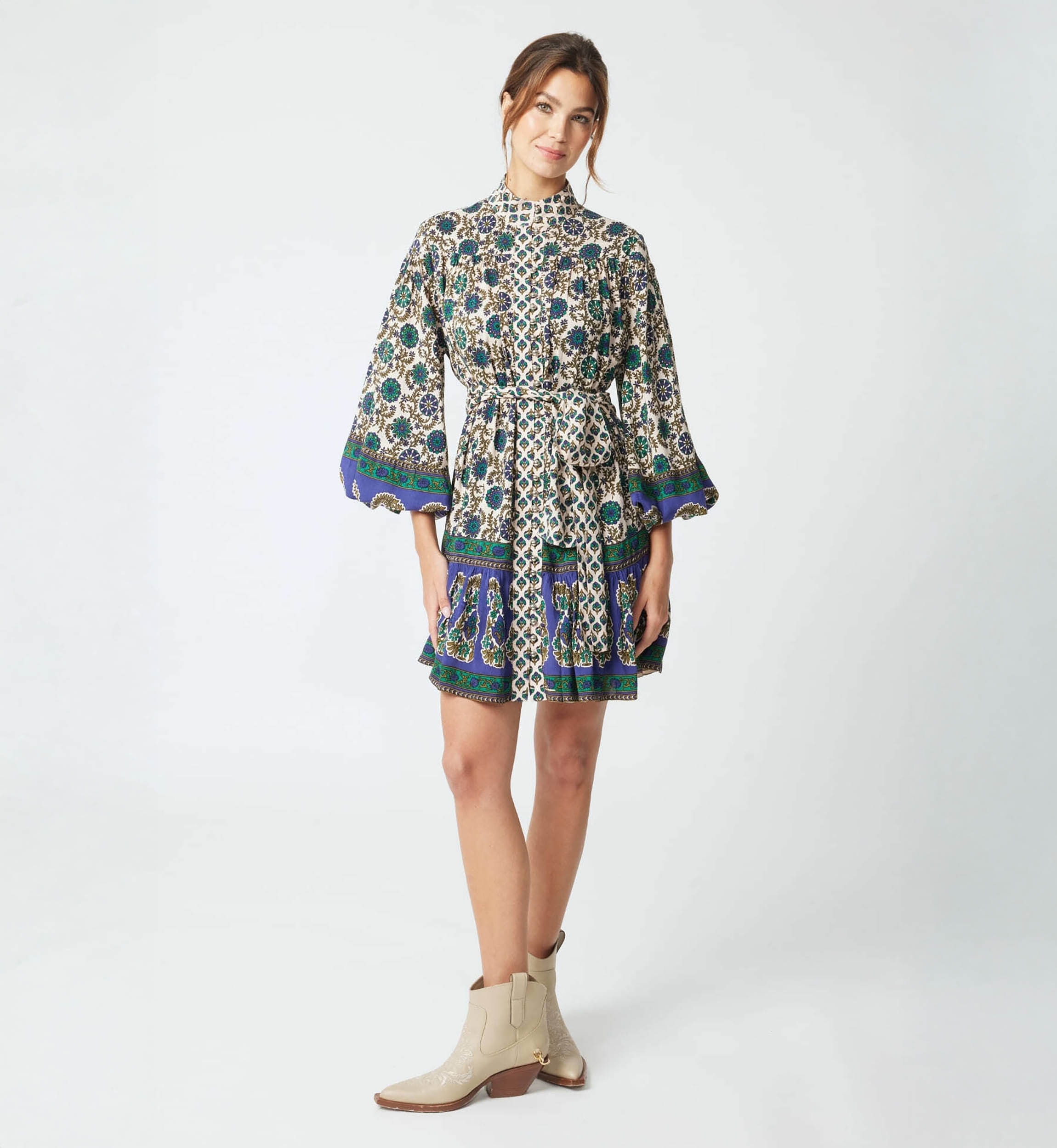 Vestido corto Charlotte - motivos verdes y beige - Miss June Paris - 3