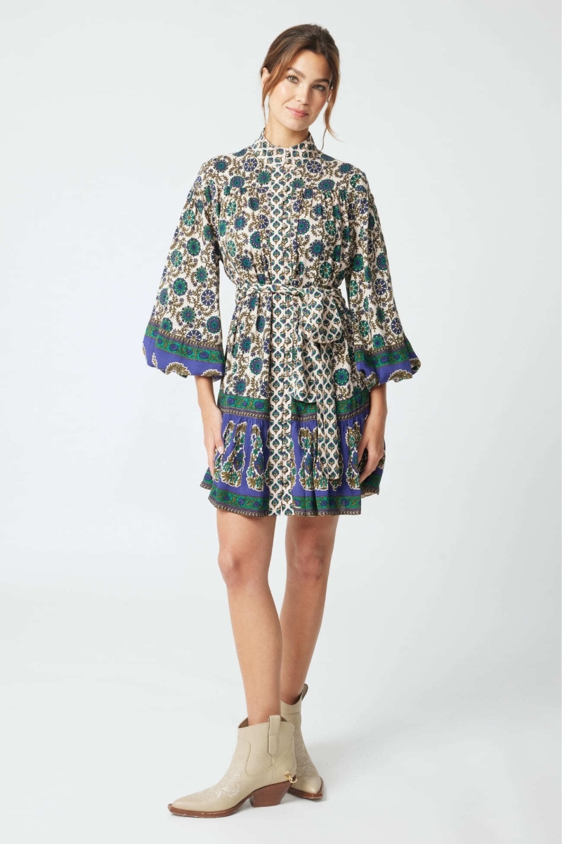 Robe courte Charlotte - motifs verts et beiges - Miss June Paris - 3