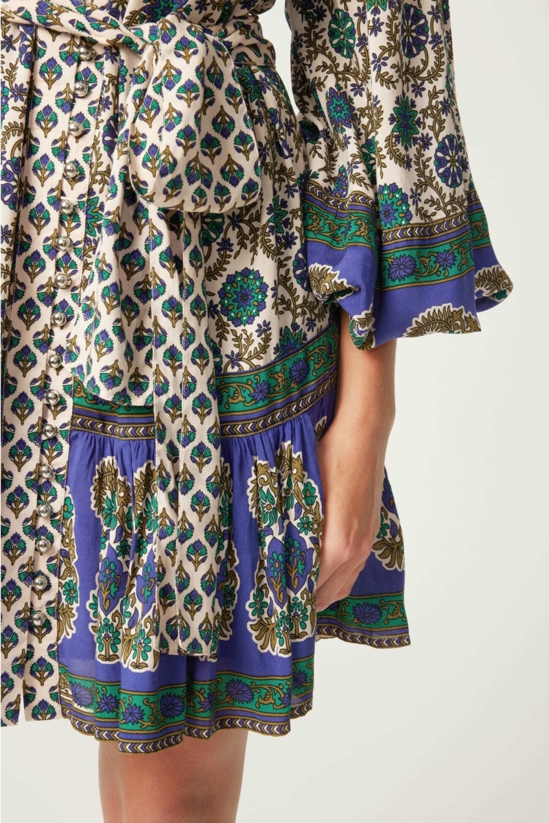 Charlotte short dress - green and beige motifs - Miss June Paris - 5