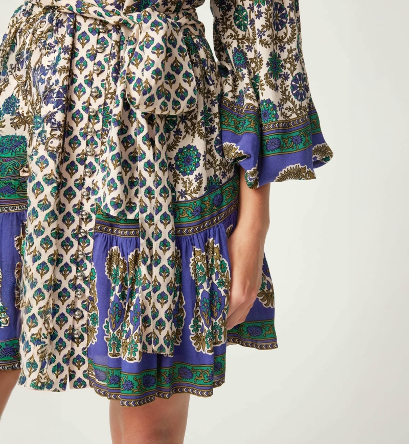 Charlotte short dress - green and beige motifs - Miss June Paris - 5