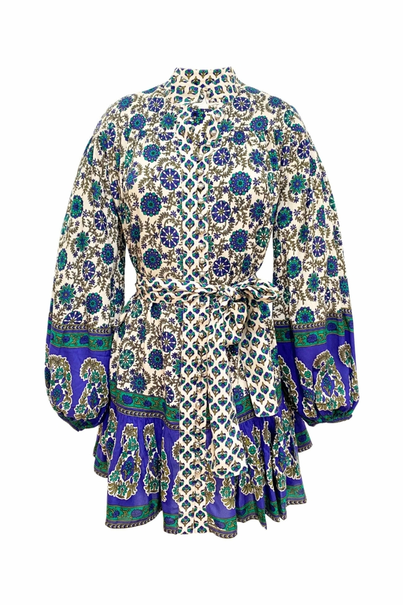 Charlotte short dress - green and beige motifs - Miss June Paris - 6