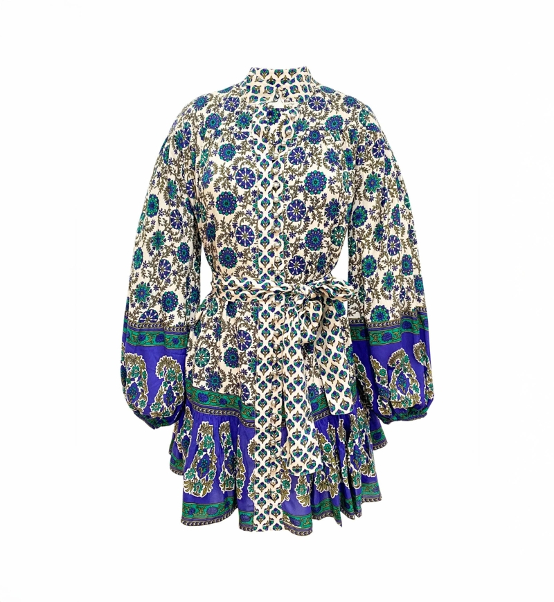 Charlotte short dress - green and beige motifs - Miss June Paris - 6