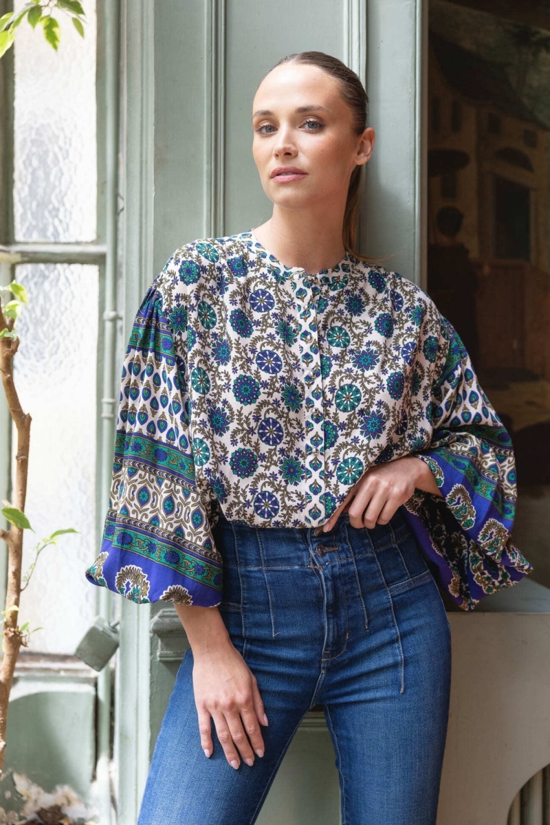 Blouse Ophélie - motifs verts et beiges - Miss June Paris - 2