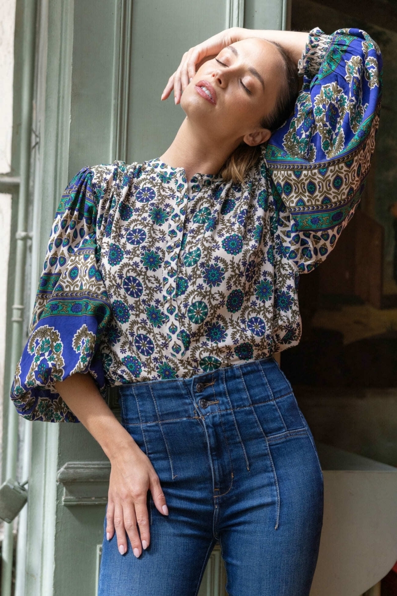 Ophelie blouse - green and beige motifs - Miss June Paris - 3