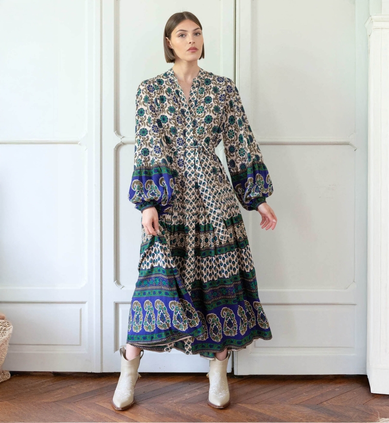 Robe longue Éléonore - beige et vert - Miss June Paris - 1