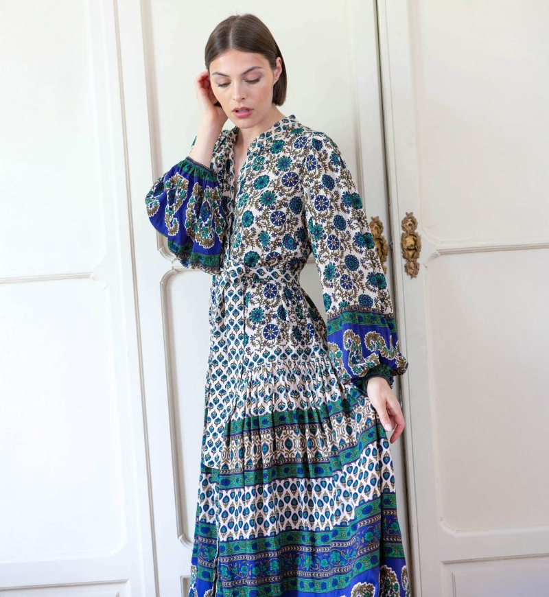 Eleonore long dress - beige and green - Miss June Paris - 2