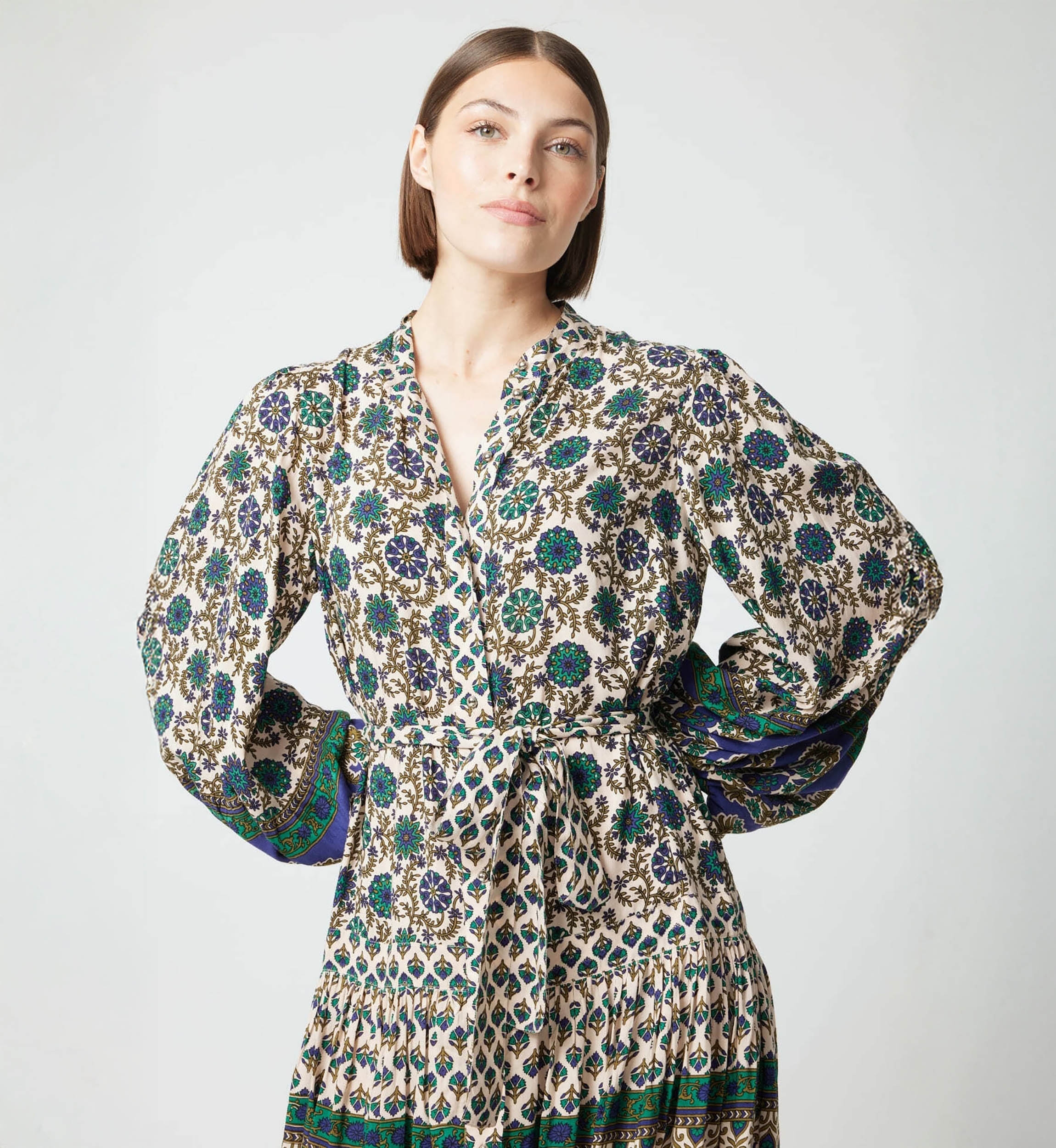 Robe longue Éléonore - beige et vert - Miss June Paris - 5